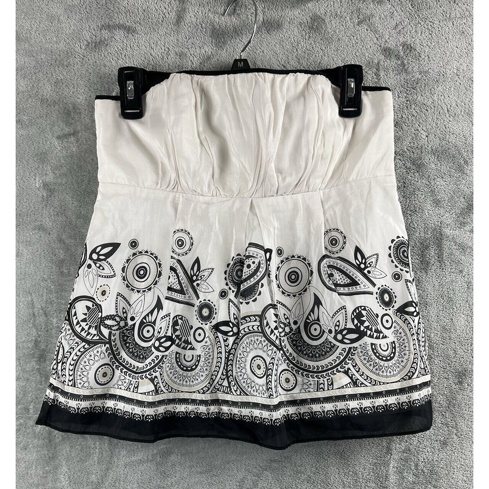 White House Black Market Silk Blend Paisley Strapless White Black Size 6